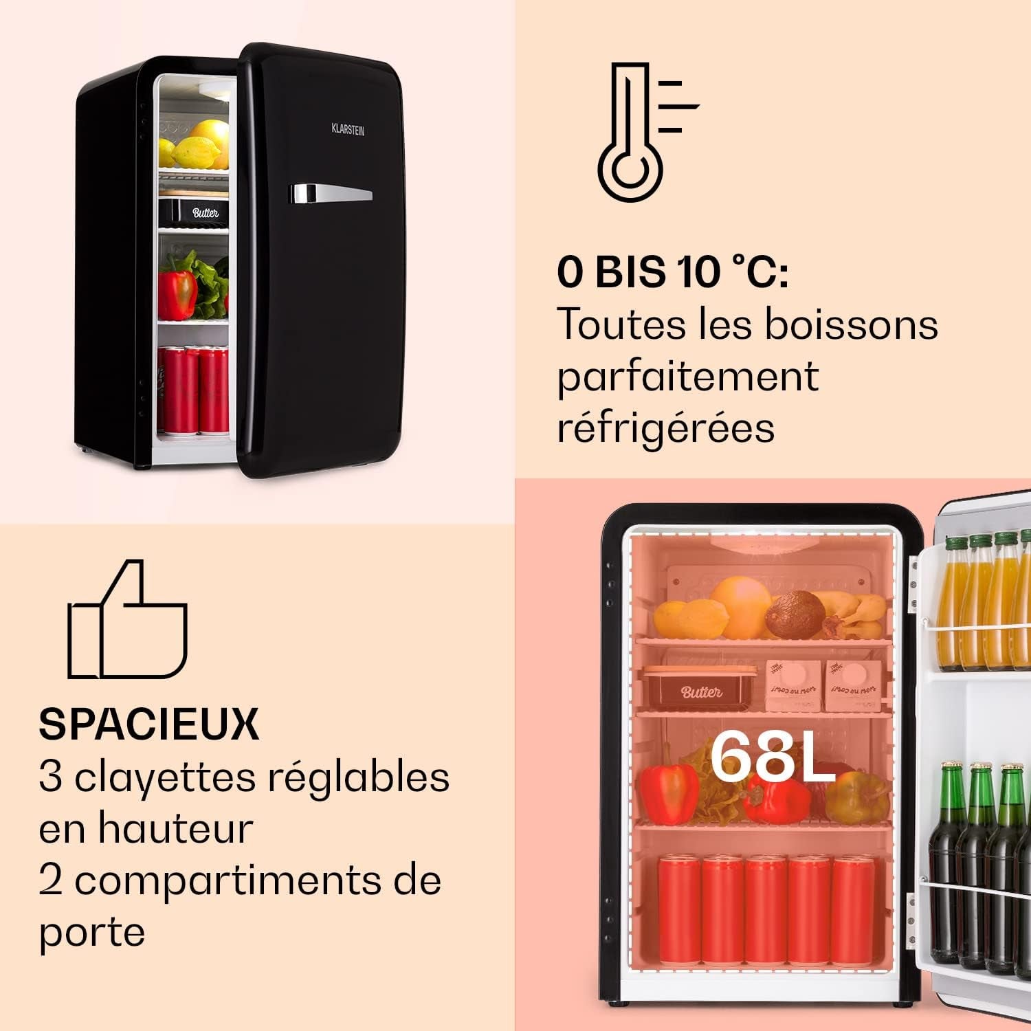 Mini Frigo De Chambre Pour Boissons, Petit Frigo Silencieux, Design Vintage, Mini Bar Intérieur, Bières, Petit Refrigerateur Camping, Bureau, Dégivrage Manuel, Frigo Cosmetique, 0-10°C, 70L