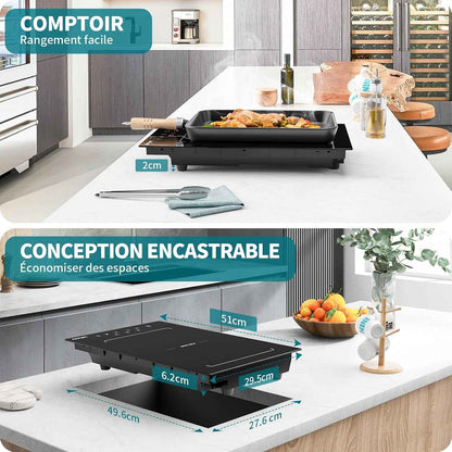 Plaque Induction 2 Feux Encastrable,  Table De Cuisson Electrique 3400W, 2 Boosters, Minuterie, Zones Flexibles, Arrêt Auto, Verrou Enfants, Noir