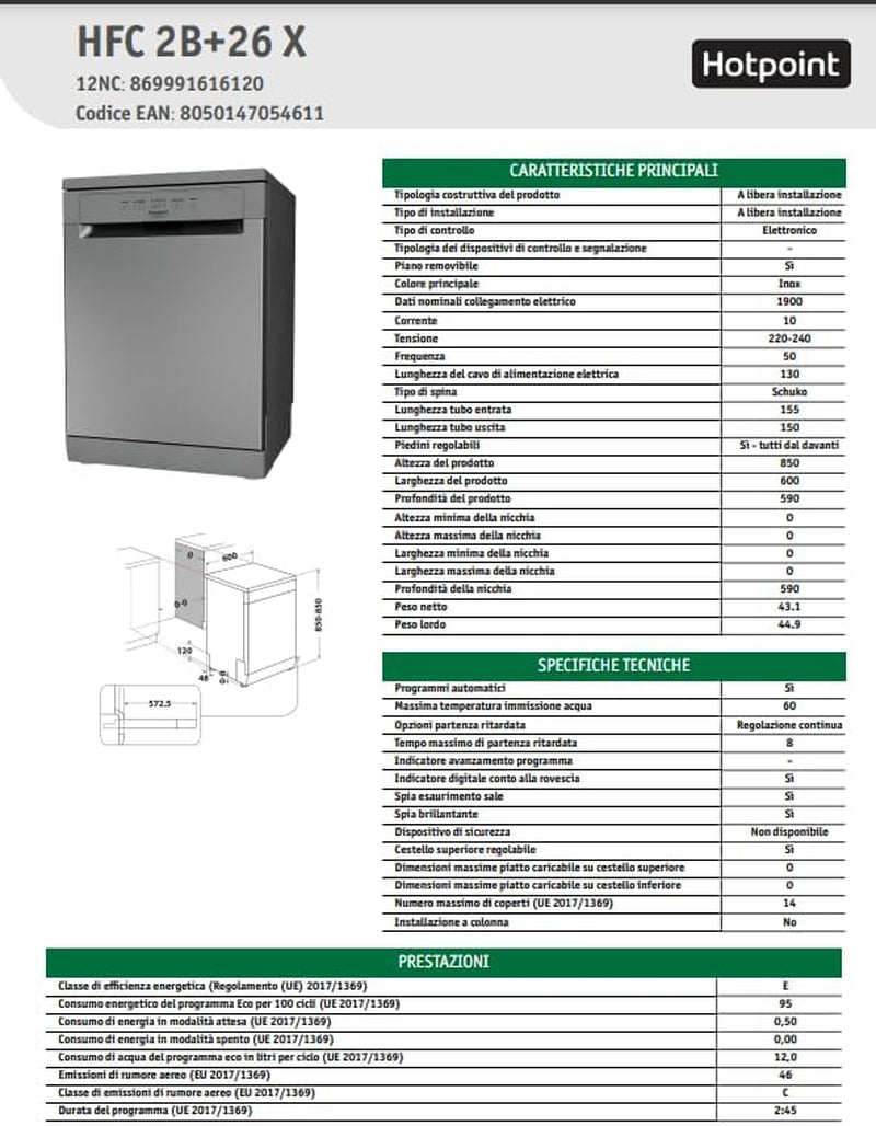 Hotpoint HFC 2B+26 X Lave-Vaisselle, 60 Cm, LED, Acier Inoxydable