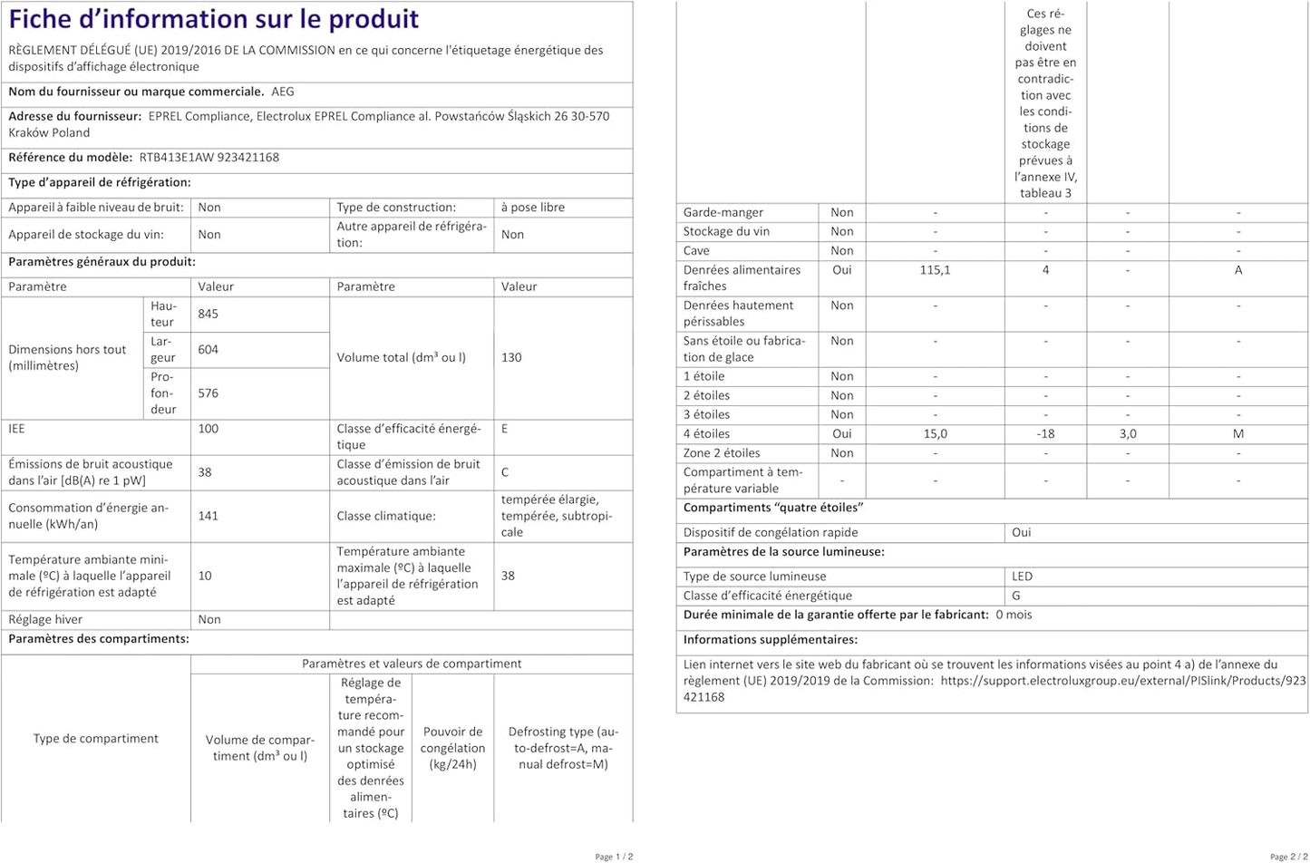 RTB413E1AW Réfrigérateur De Table Autonome / 850 Mm/Congélateur 3 Étoiles / 130 L/E