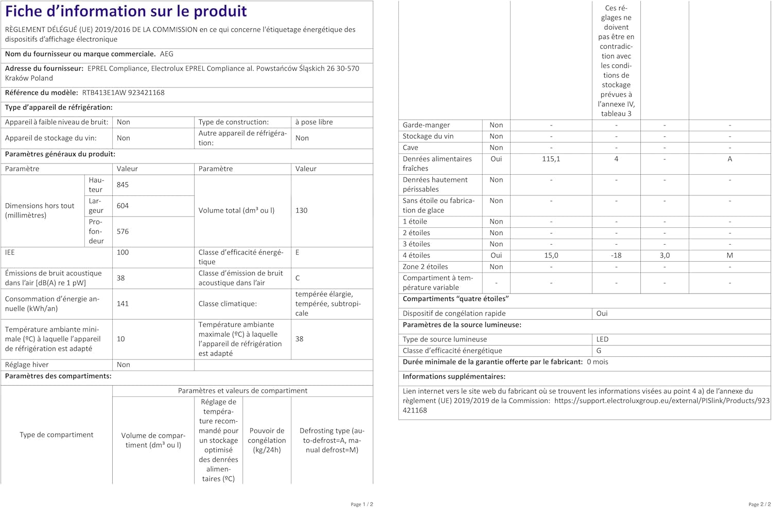 RTB413E1AW Réfrigérateur De Table Autonome / 850 Mm/Congélateur 3 Étoiles / 130 L/E