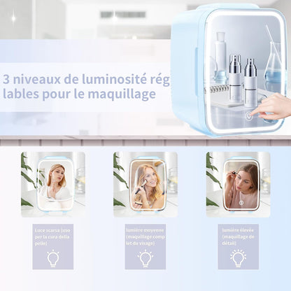 Mini Frigo Pour Chambre, Frigo Skincare Avec Miroir LED, Petit Frigo De 4L Portable, Thermoelectrique Chauffe & Refroidisseur 220V AC / 12V DC Pour Voiture, Bureau, Dortoir (Bleu)