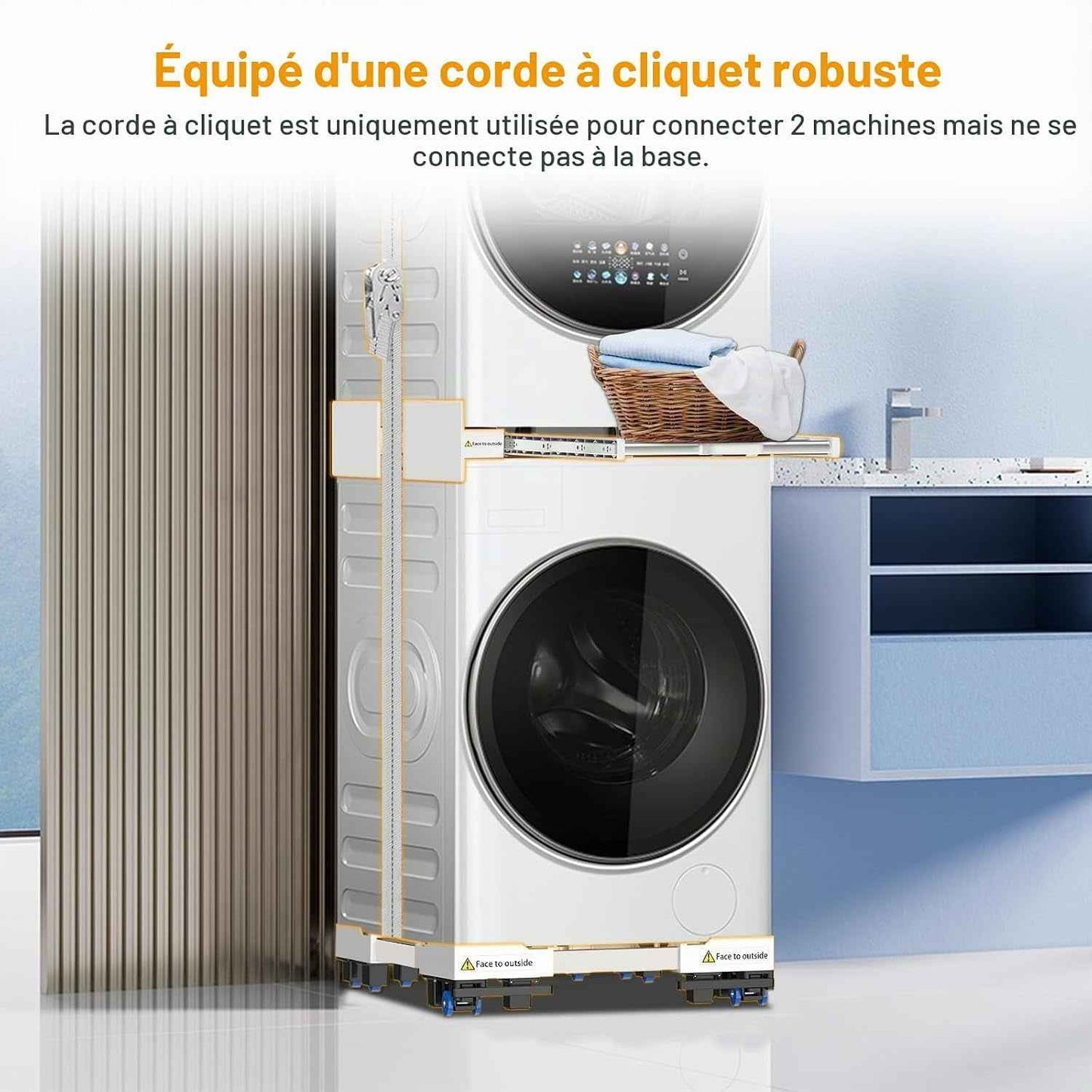 Kit Universel D'Empilage Et Socle Mobile Pour Sèche-Linge Et Lave-Linge, Taille Réglable Avec Corde À Cliquet Et Supports De Séchage Extensibles Pour Lave-Linge Et Sèche-Linge Gain De Place | (Kit D'Empilage-Style Tiroir & Base Mobile)
