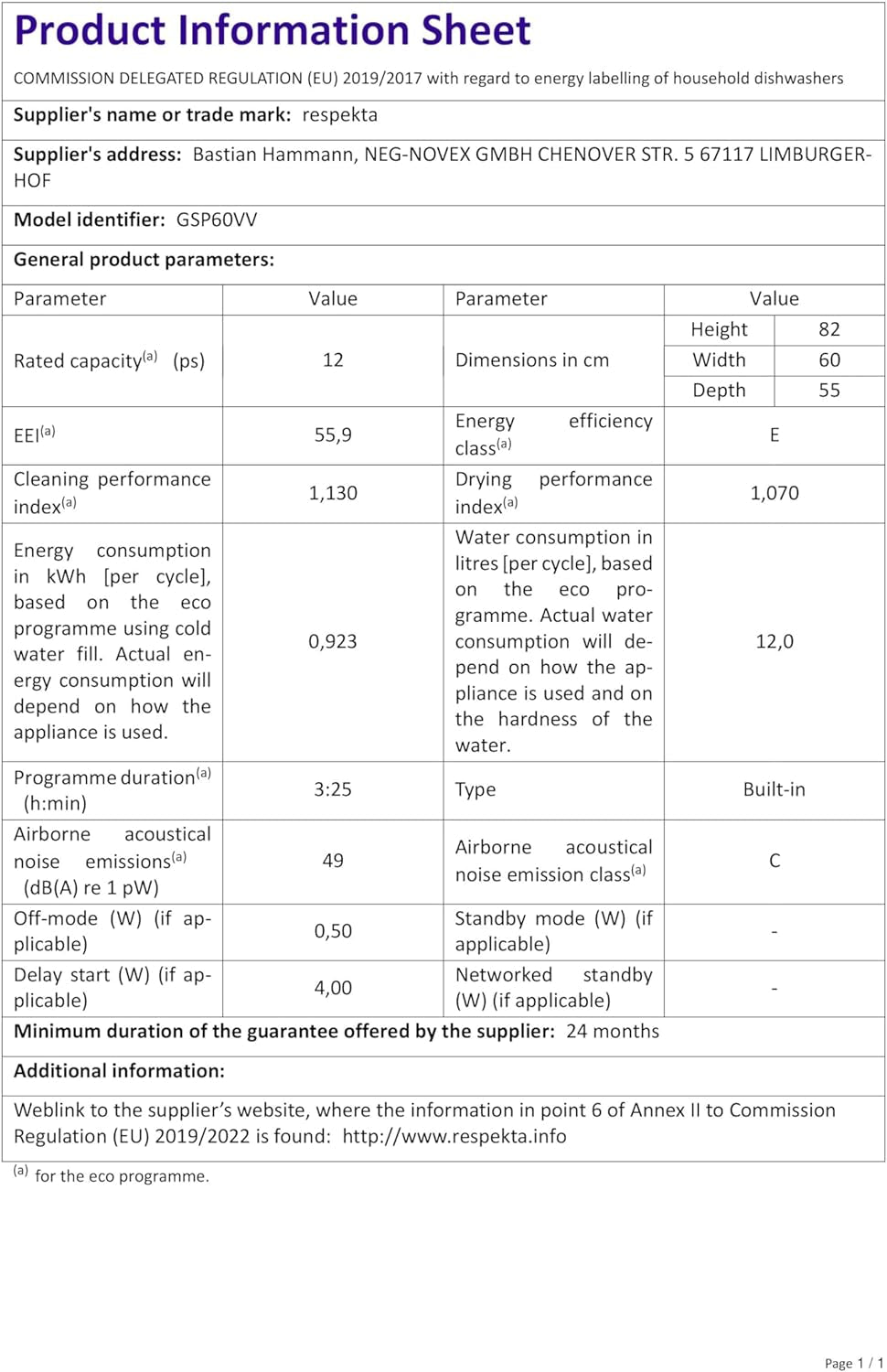 Respekta Lave-Vaisselle Entièrement Intégré 60 Cm / Lave-Vaisselle Encastré Avec Panier À Couverts / 4 Programmes / Départ Différé / 12 Couverts / GSP60VV / Silencieux 49 Db