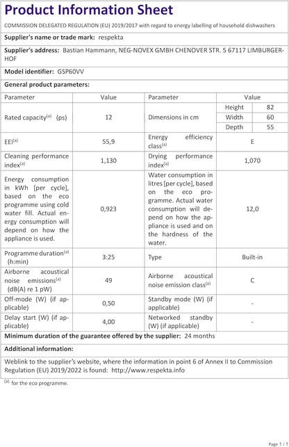 Respekta Lave-Vaisselle Entièrement Intégré 60 Cm / Lave-Vaisselle Encastré Avec Panier À Couverts / 4 Programmes / Départ Différé / 12 Couverts / GSP60VV / Silencieux 49 Db