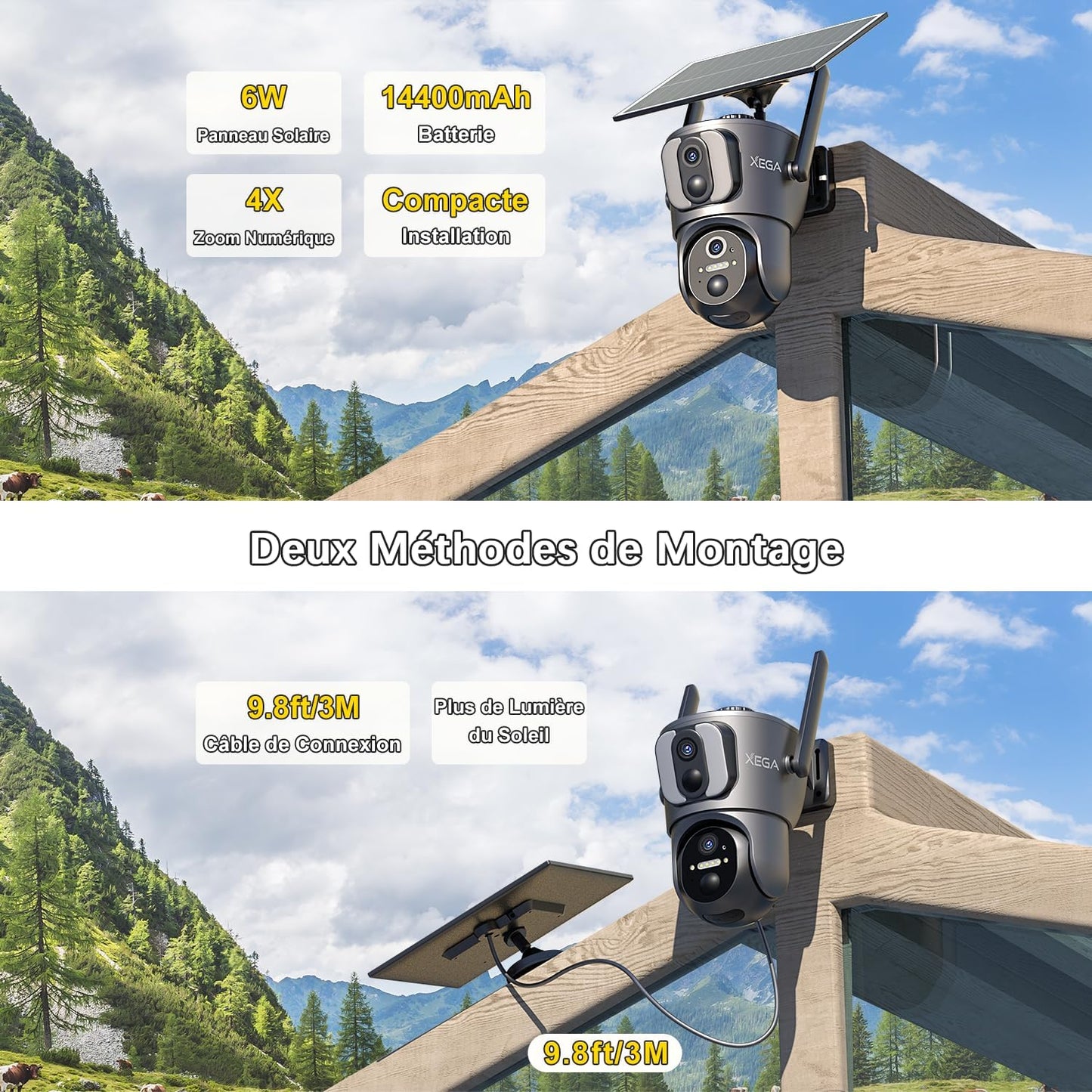 4G LTE Caméra Solaire【Double Objectif】Avec Carte Sim, 14400Mah Camera Extérieure Sans Fil, Détection De Personne 2K HD Inclinable 355°/100°, Autonome Sur Batterie,Vision Nocturne IP66 (Non Wifi)