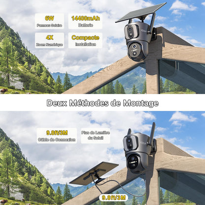 4G LTE Caméra Solaire【Double Objectif】Avec Carte Sim, 14400Mah Camera Extérieure Sans Fil, Détection De Personne 2K HD Inclinable 355°/100°, Autonome Sur Batterie,Vision Nocturne IP66 (Non Wifi)