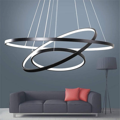 LED Lustre Salon Plafonnier Créatif Rond 3 Cercle Lustre, Dimmable Avec Télécommande 3000K-6500K, Acrylique Chambre Cuisine Bureau Décoration Lampes 76W (Noir)