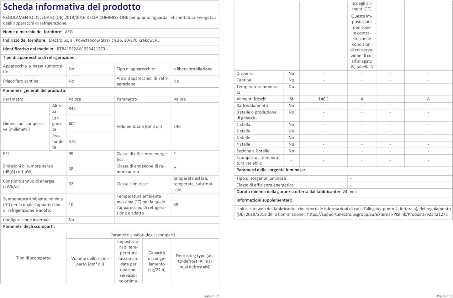 RTB415E2AW Réfrigérateur De Table Autonome 850 Mm 146 L/E