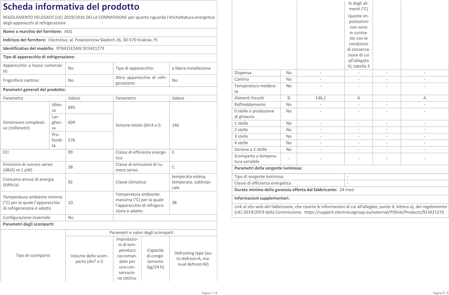 RTB415E2AW Réfrigérateur De Table Autonome 850 Mm 146 L/E