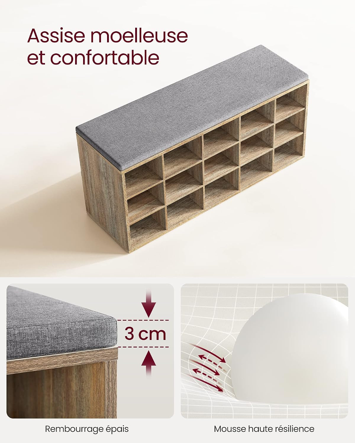 Banc À Chaussures, Organiseur De Chaussures Avec 15 Compartiments, Siège Rembourré, Pour Entrée, Couloir, Placard, Marron Turquoise Et Gris Tourterelle LHS015T60