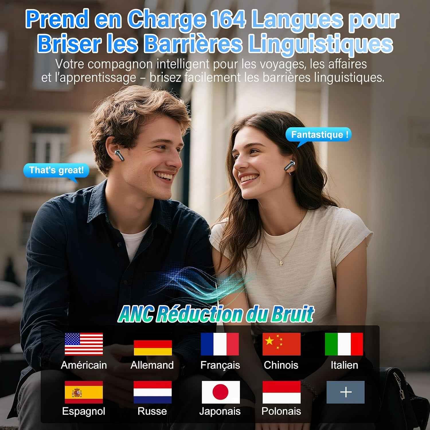 AI Écouteur Traducteur Instantané 164 Langues, ANC/ENC Réduction Du Bruit | 7 Modes De Traduction, Écran Tactile LED, IPX7 Étanche, 48H Autonomie, Casque Musique/Appels/Traducteur