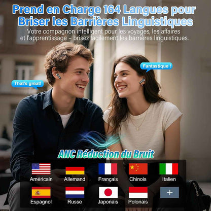 AI Écouteur Traducteur Instantané 164 Langues, ANC/ENC Réduction Du Bruit | 7 Modes De Traduction, Écran Tactile LED, IPX7 Étanche, 48H Autonomie, Casque Musique/Appels/Traducteur