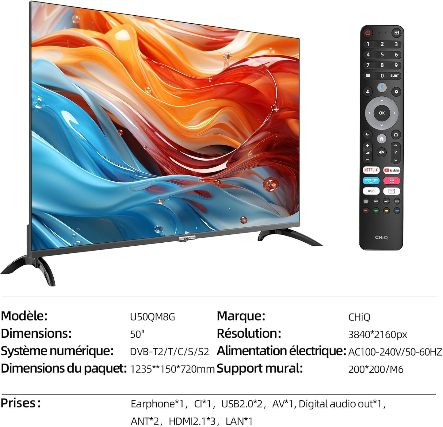 TV Intelligente U50QM8G 50 Pouces, UHD QLED HDR, Sans Cadre Et Métallique, Google TV, Dolby Audio, Syntoniseur Triple, Wi-Fi 2,4G/5G, Google Assistant, HDMI 2.1, USB2.0, Modèle 2023 Noir