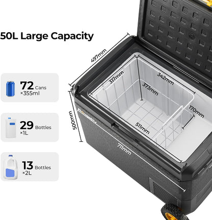 CRS 50L Glacière À Compresseur Avec Roues Poignée Étanchéité IPX4 Congélateur Réfrigérateur À Compression 12/24V 220V Pour Voiture Camping Voyage Bateau Contrôle APP -20℃~20°C