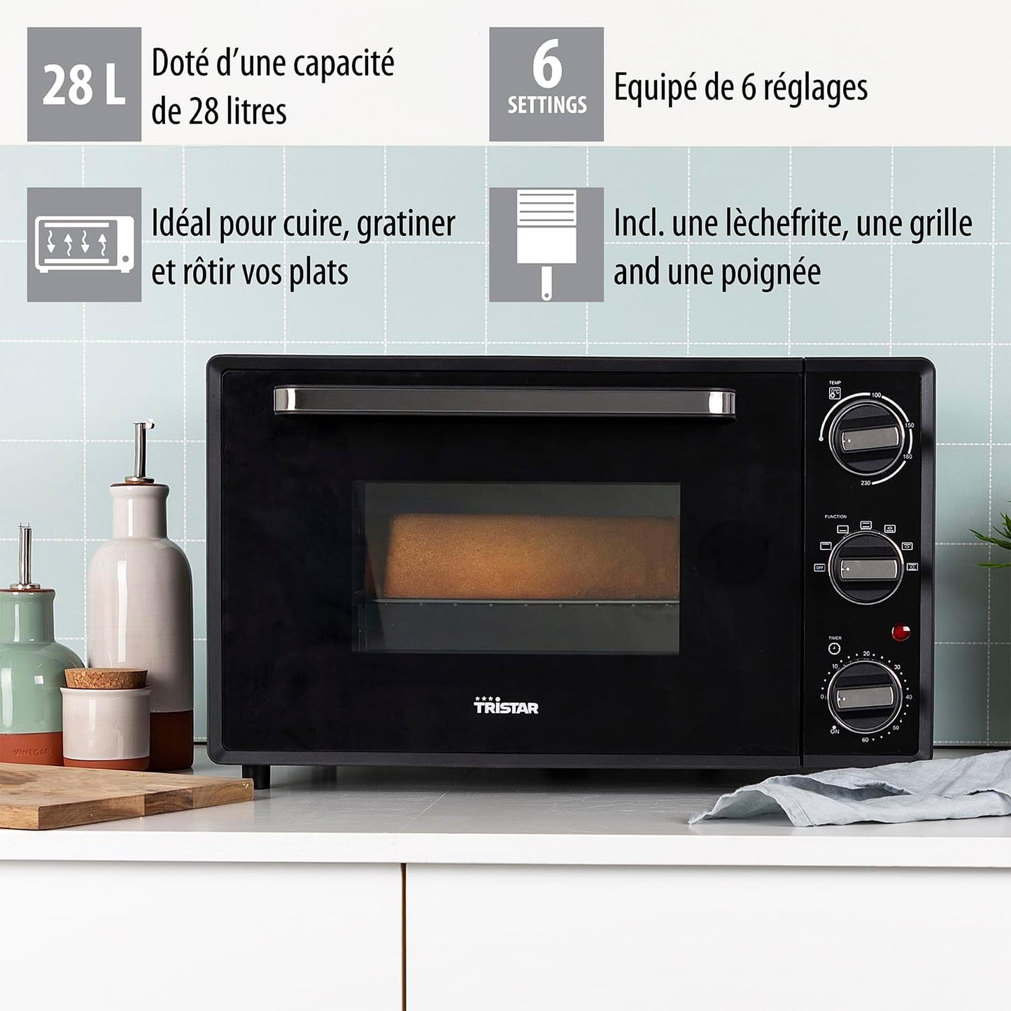 Four À Convection, 1500 Watt, 28 L, Minuterie 60 Min, Avec Lampe Intérieure, Porte À Double Vitrage, Thermostat Réglable Jusqu’À 230°C, Accessoires Inclus, OV-3625