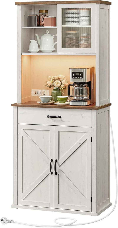 Meuble De Rangement Avec Lumières Et Chargeur, Placard De Cuisine, Avec Portes Et Tiroirs, 39,5 X 80,4 X 180,6 Cm, Étagères Réglables, Style Campagne, Blanc Rustique Et Marron Miel BBK363W22V1
