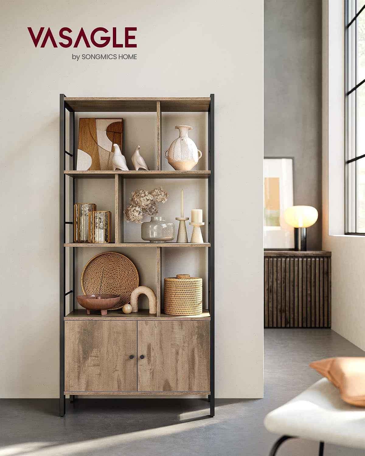 Étagère, Bibliothèque À 4 Niveaux, Meuble De Rangement, Placad, Avec Portes, Grand, Cadre En Acier, Pour Salon, Bureau, Chambre, Style Industriel, Marron Camel Et Noir D'Encre LBC022B50