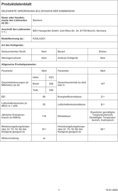 KI32LADD1 Iq500 Réfrigérateur Encastrable Avec Congélateur - 102,5 X 56 Cm - Réfrigérateur De 132 L + Congélateur De 15 L - Fabriqué En Allemagne - Fraîcheur plus Longue Avec Hyperfresh Box -