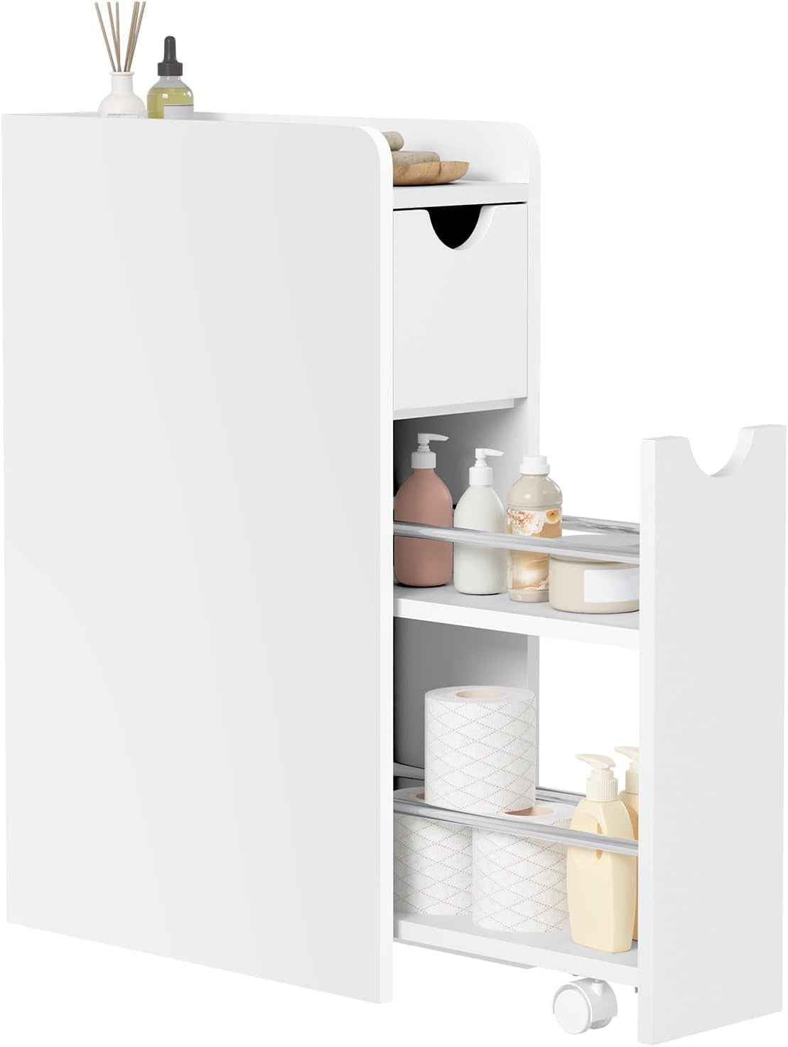 Meuble Salle De Bain, Armoire Salle De Bain Étroite, Avec 2 Tiroirs, En Bois D'Ingénierie, Blanc, 19X45X70Cm