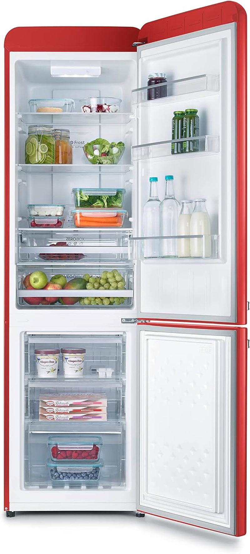 Réfrigérateur Congélateur Combiné Total Nofrost, Pose Libre, Largeur 54Cm, 250 L, Classe E, Veggibox Incluse, Rétro, Rouge, RKG 8927