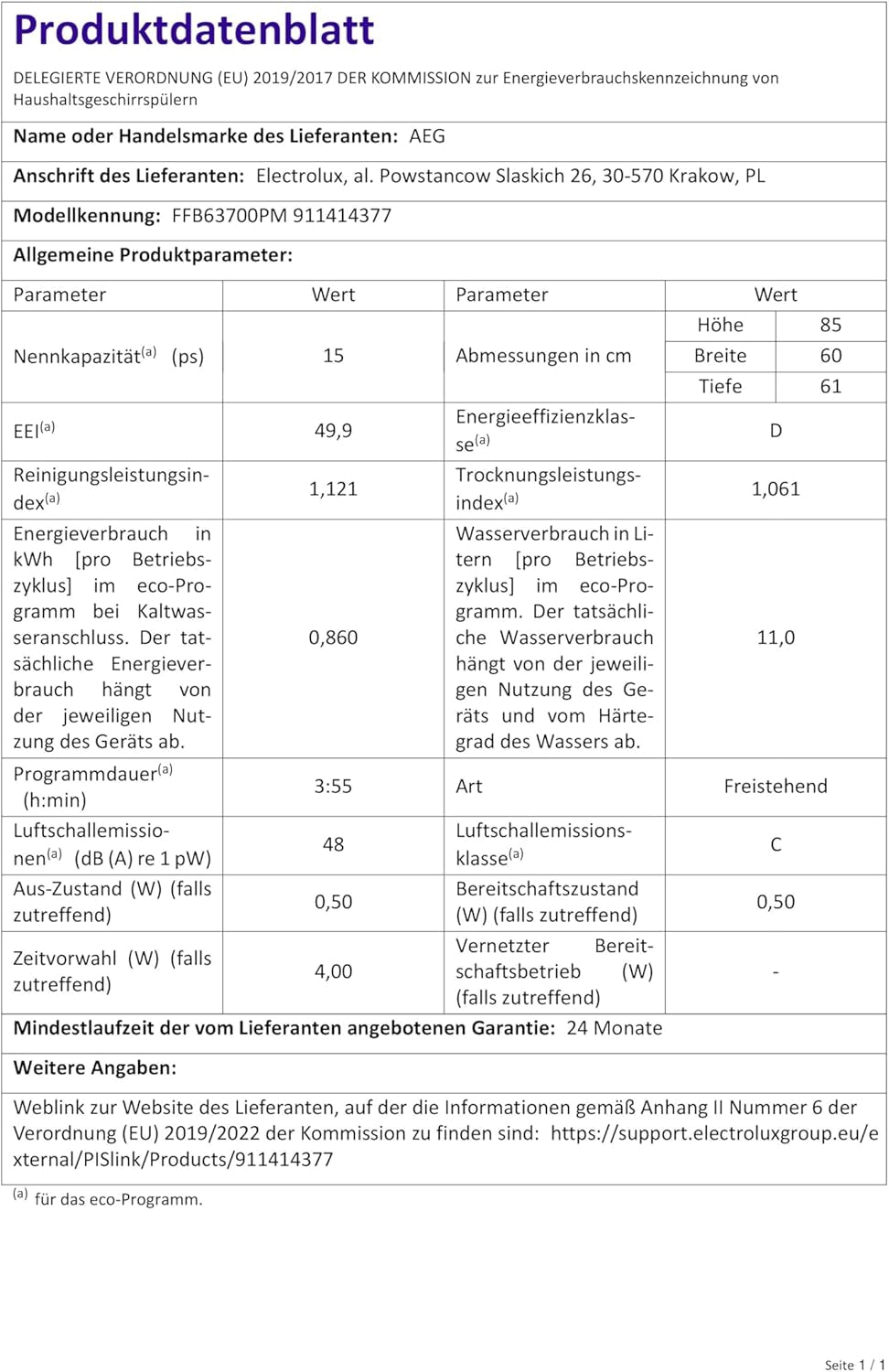 FFB63700PM Lave-Vaisselle - Pose Libre, Proclean, 60 Cm, 15 Couverts, Acier Inoxydable, Classe D