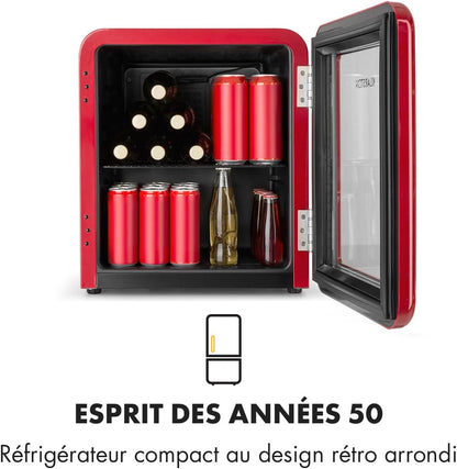 Poplife Refroidisseur De Boissons - Mini-Bar, Réfrigérateur Rétro, 0-10°C, Seulement 39 Db, 48 L, Écologique, Porte À Double Vitrage, Design Rétro, Rouge