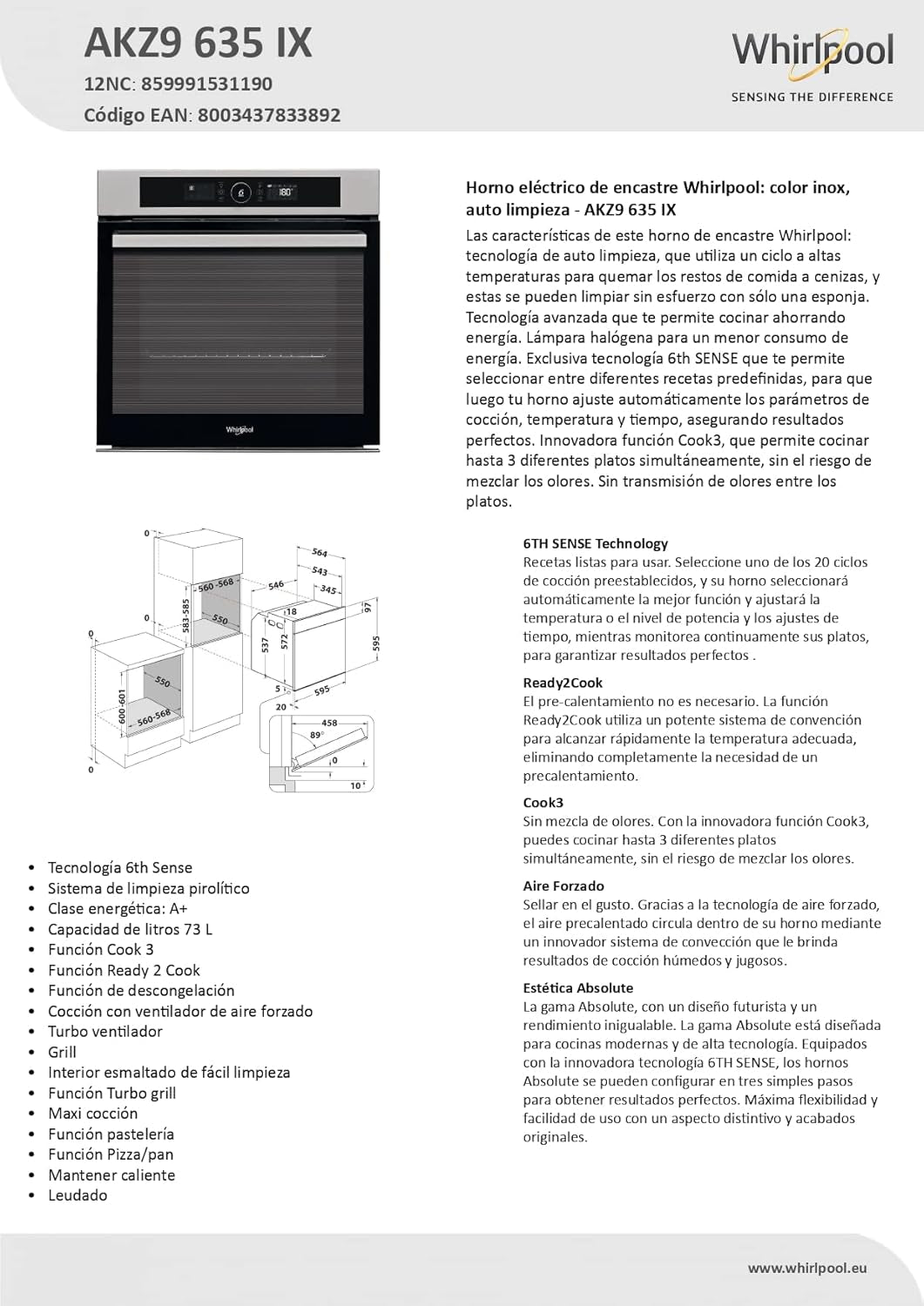 Whirlpool AKZ9635IX Four Encastrable - Multifonction, Chaleur Tournante Ou Pulsée, 73L, Porte Froide (4 Vitres), Inox, Noir, Classe A+
