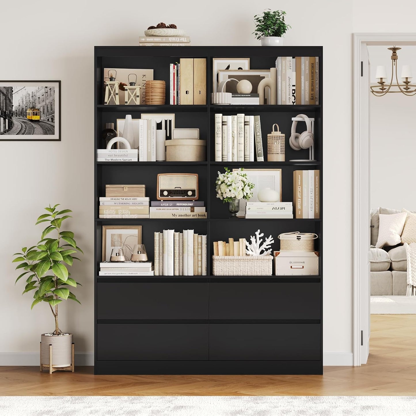 Bibliotheque 120Cm Meuble De Rangement 4 Tiroirs 9 Étagères Noire | 120X30X180 Cm, Base Surélevée, Poignées Encastrées, Grande Bibliothèque Etagere Rangement, Pour Salon Bureau Chambre