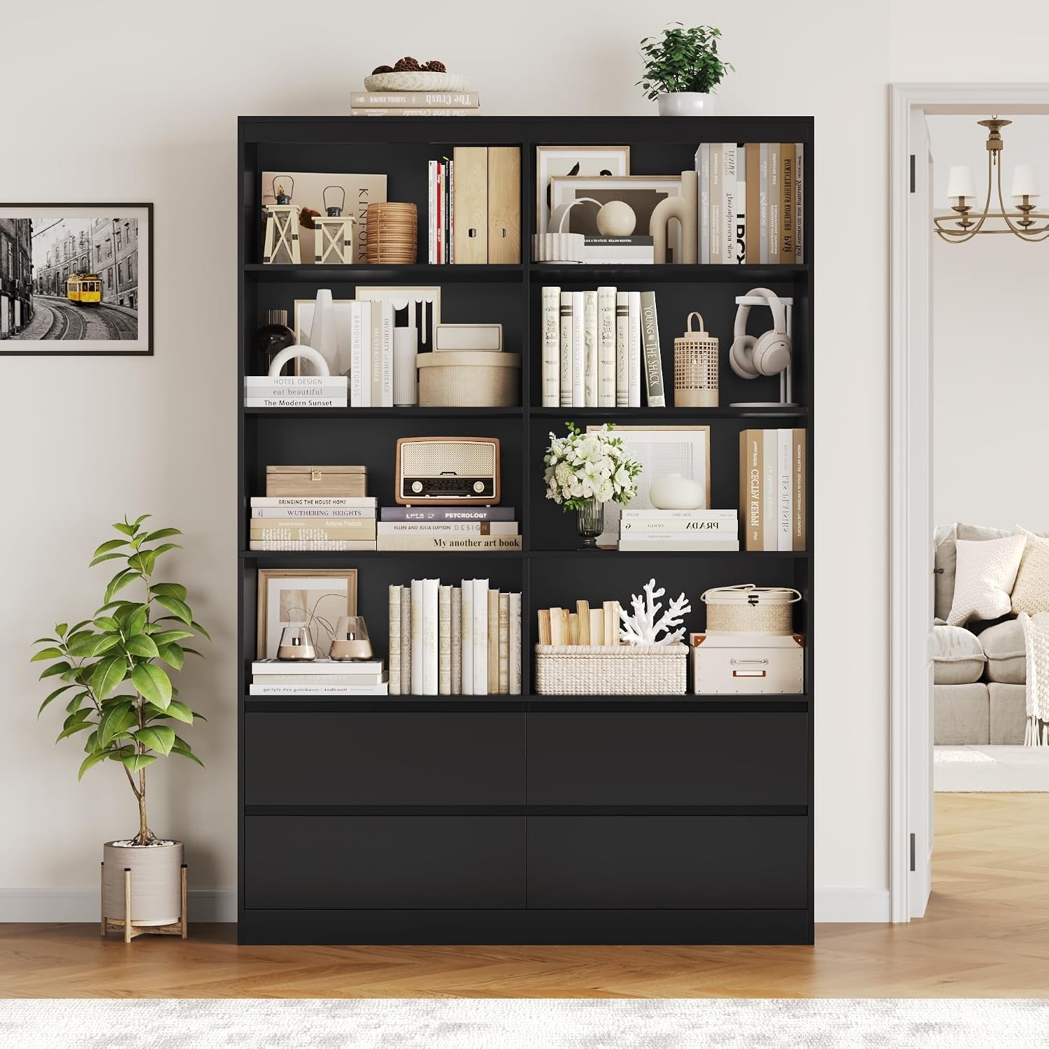 Bibliotheque 120Cm Meuble De Rangement 4 Tiroirs 9 Étagères Noire | 120X30X180 Cm, Base Surélevée, Poignées Encastrées, Grande Bibliothèque Etagere Rangement, Pour Salon Bureau Chambre