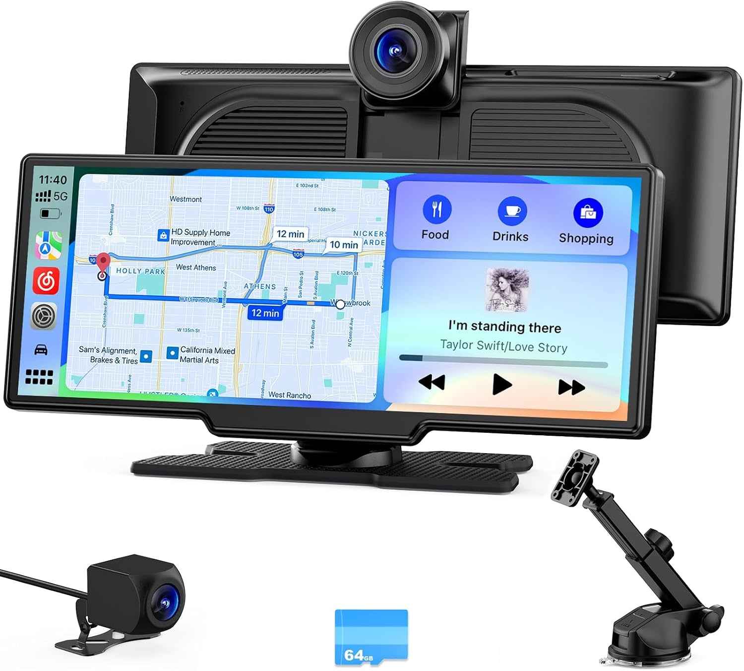 9,26'' Carplay Voiture Apple Carplay & Android Auto, Dashcam Avant | 4K + Caméra De Recul HD, 60FPS, Mise À Jour OTA, GPS, Commande Vocale, Mirror Link, Bluetooth 5.2, AUX, Fm，Avec 64Go Carte