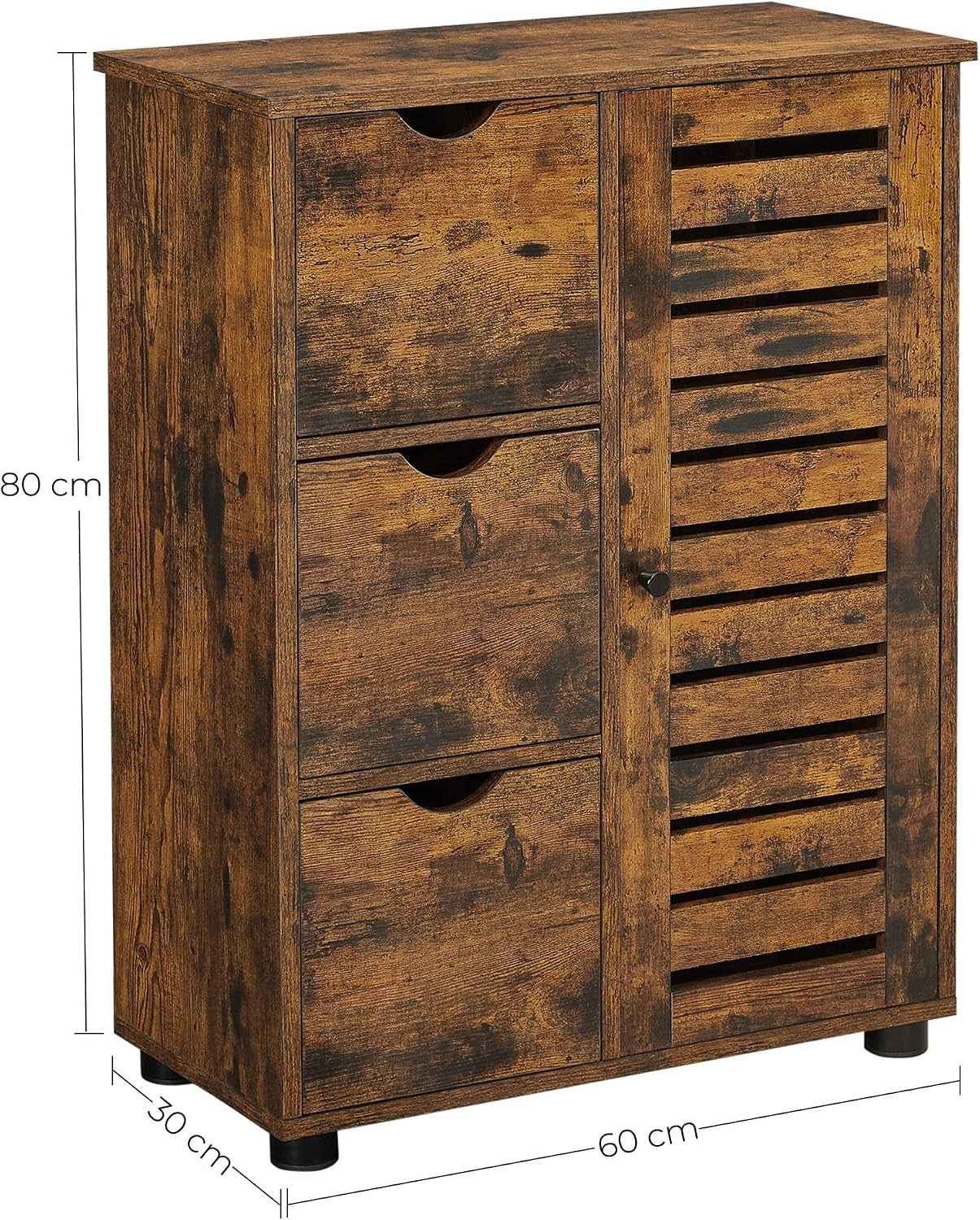 Meuble De Salle De Bain, Buffet, Armoire, Placard De Rangement Avec 3 Tiroirs, 2 Étagères Intérieures Réglables En Hauteur, Pour Salon, Cuisine, Couloir, Marron Rustique BBK143X01