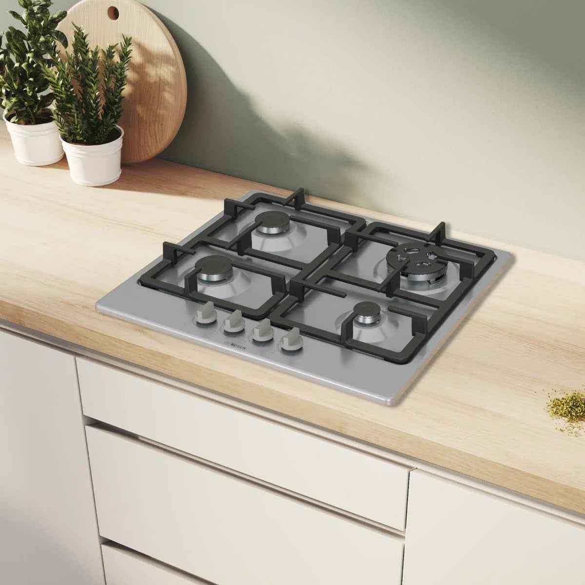 PGH6B5K90 Série 4 Plateau Cuisson À Gaz, Brûleur Wok : Puissance Jusqu'À 3,3 Kw, Grilles En Fonte, Acier, 60 Cm, 3 Zones + Wok, Inox