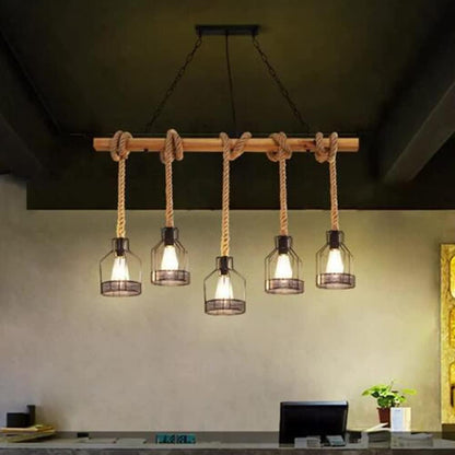 Suspension Rétro Lampe Suspendue Bois Antique E27 Lampe De Salle À Manger Lustre En Corde De Chanvre Chaîne Métallique Industrielle Restaurant Pays Chambre Salon Plafonnier 5 Flammes