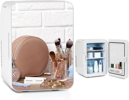 Mini Frigo 10L Avec Miroir, Mini Réfrigérateurs Portable, Petit Frigo Cosmetique 12V/220V, Frigo De Chambre Avec Fonction Chaud/Froid, Miroir De Maquillage Pour Voitures, Blanc