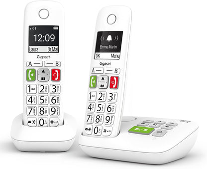 E290A Duo - Téléphone Fixe Sans Fil Blanc Avec Répondeur Intégré, 2 Combinés Avec Grand Écran Rétroéclairé, Larges Touches, Fonction Blocage D'Appels [Version Française] | DECT, Touches Rapides, Fonction D’Écoute Amplifiée, [Version Française], Fabriqué En Allemagne