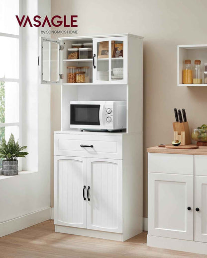 Buffet Haut Cuisine, Meuble De Rangement, Garde-Manger, Vaisselier, Avec Portes En Verre Et Étagères Réglables, Trou De Passage Des Câbles, Pour Micro-Ondes, Style Moderne, Blanc LSC361W21 | Armoire Multi-Usages Avec Étagères Réglables, Trou De Câble, Sty