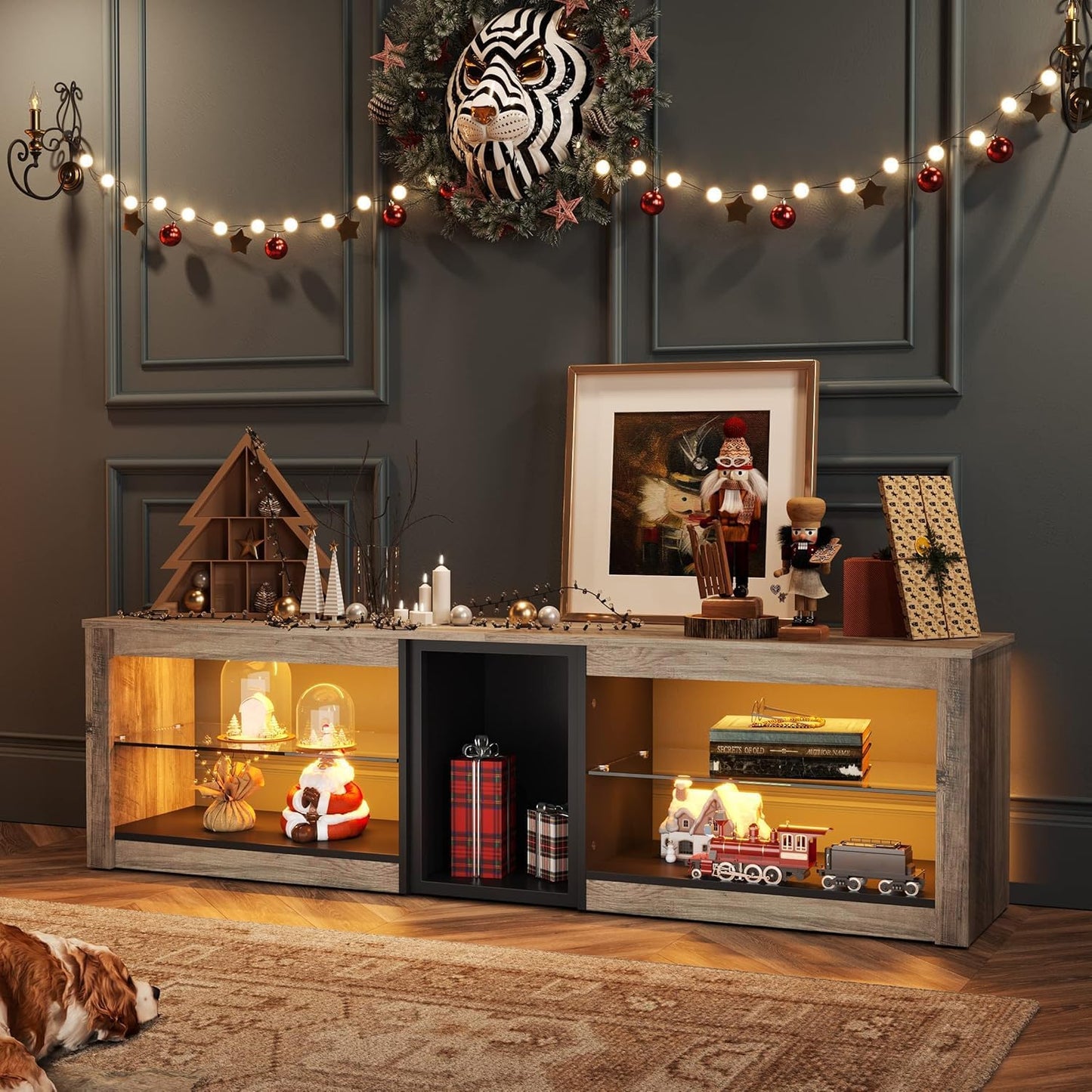 Meuble TV Bas Pour Téléviseurs 65" Et plus Petits, 160 X 35 X 52 Cm, Meuble TV Avec Lumières LED RVB, Table TV Avec Gestion Des Câbles Intégrée, Plateau En Verre Réglable