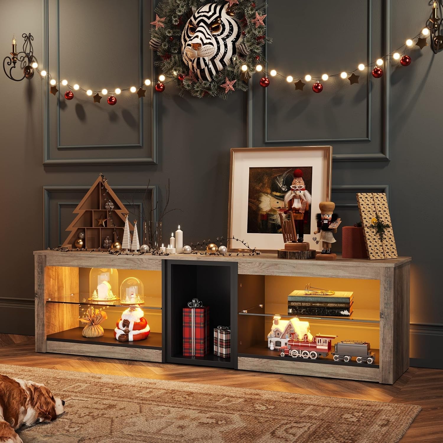 Meuble TV Bas Pour Téléviseurs 65" Et plus Petits, 160 X 35 X 52 Cm, Meuble TV Avec Lumières LED RVB, Table TV Avec Gestion Des Câbles Intégrée, Plateau En Verre Réglable