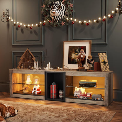 Meuble TV Bas Pour Téléviseurs 65" Et plus Petits, 160 X 35 X 52 Cm, Meuble TV Avec Lumières LED RVB, Table TV Avec Gestion Des Câbles Intégrée, Plateau En Verre Réglable