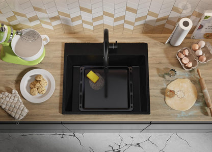 Evier Cuisine En Granit Noir - Riga, 58X50Cm | Lavabo 1 Bac + Kit De Vidage, Évier À Encastrer Au Meuble 60Cm (S305)