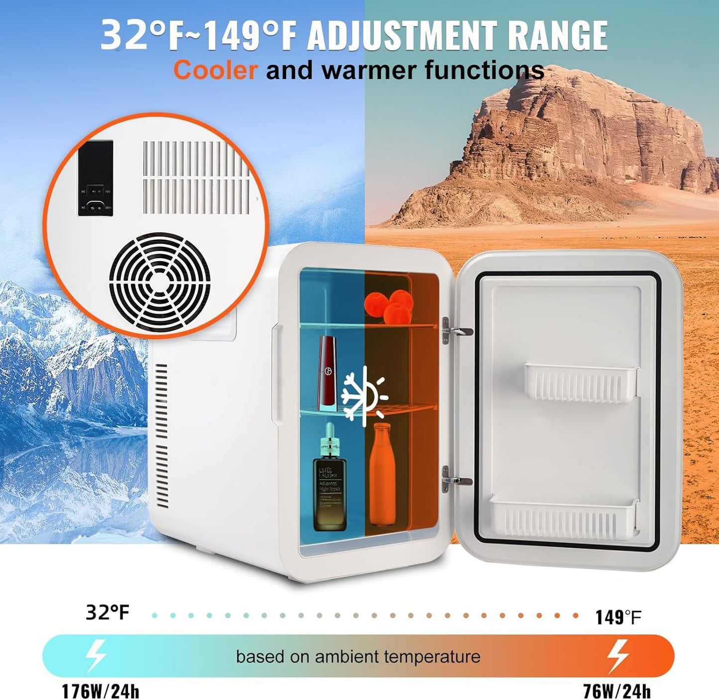 Mini Frigo 20 L 22 Canettes De 330 Ml Mini Réfrigérateur Portable 12 V DC/220 V AC Petit Frigo Cosmétique Mode Chaud/Froid Température -9 À 65 ℃ Pour Aliments Boissons Médicaments Cosmétiques