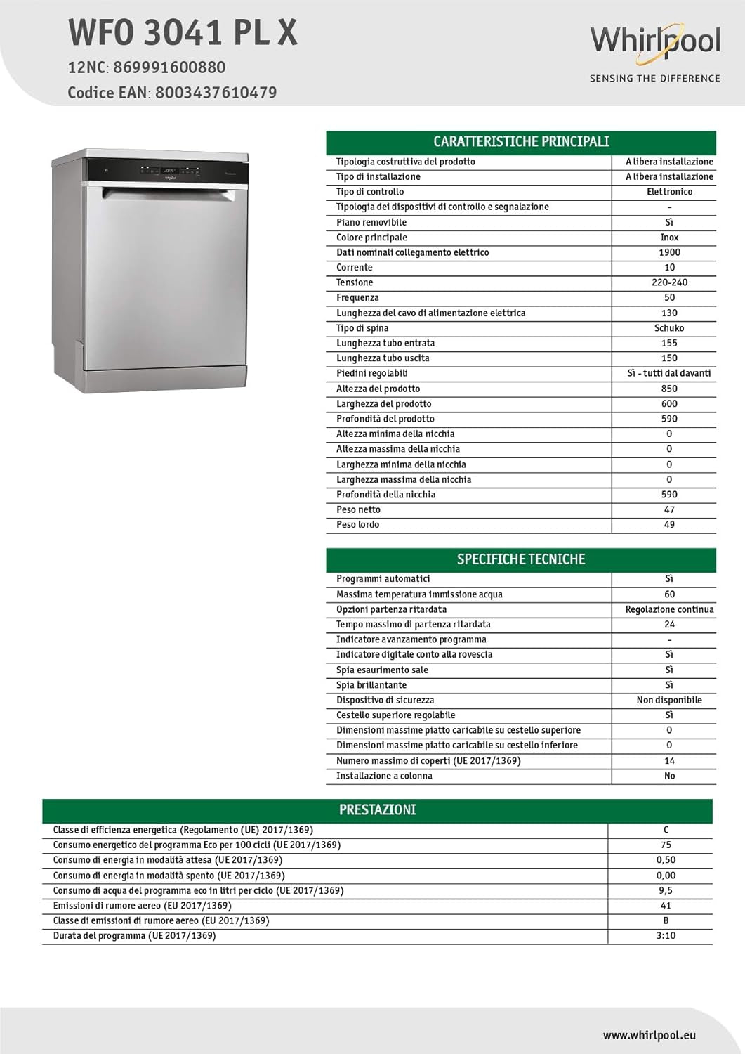 Whirlpool WFO 3O41 PL X, Lave-Vaisselle Pose Libre 60 Cm, C