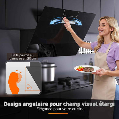 A+++ Hotte Aspirante 90 Cm, 800 M³/H, Contrôle Gestes & Tactile | Hotte De Cuisine 3 Vitesses + Mode Booster, Filtre À Charbon Actif, Recyclage/Évacuation, Panneau Verre Tactile, Hotte Noire