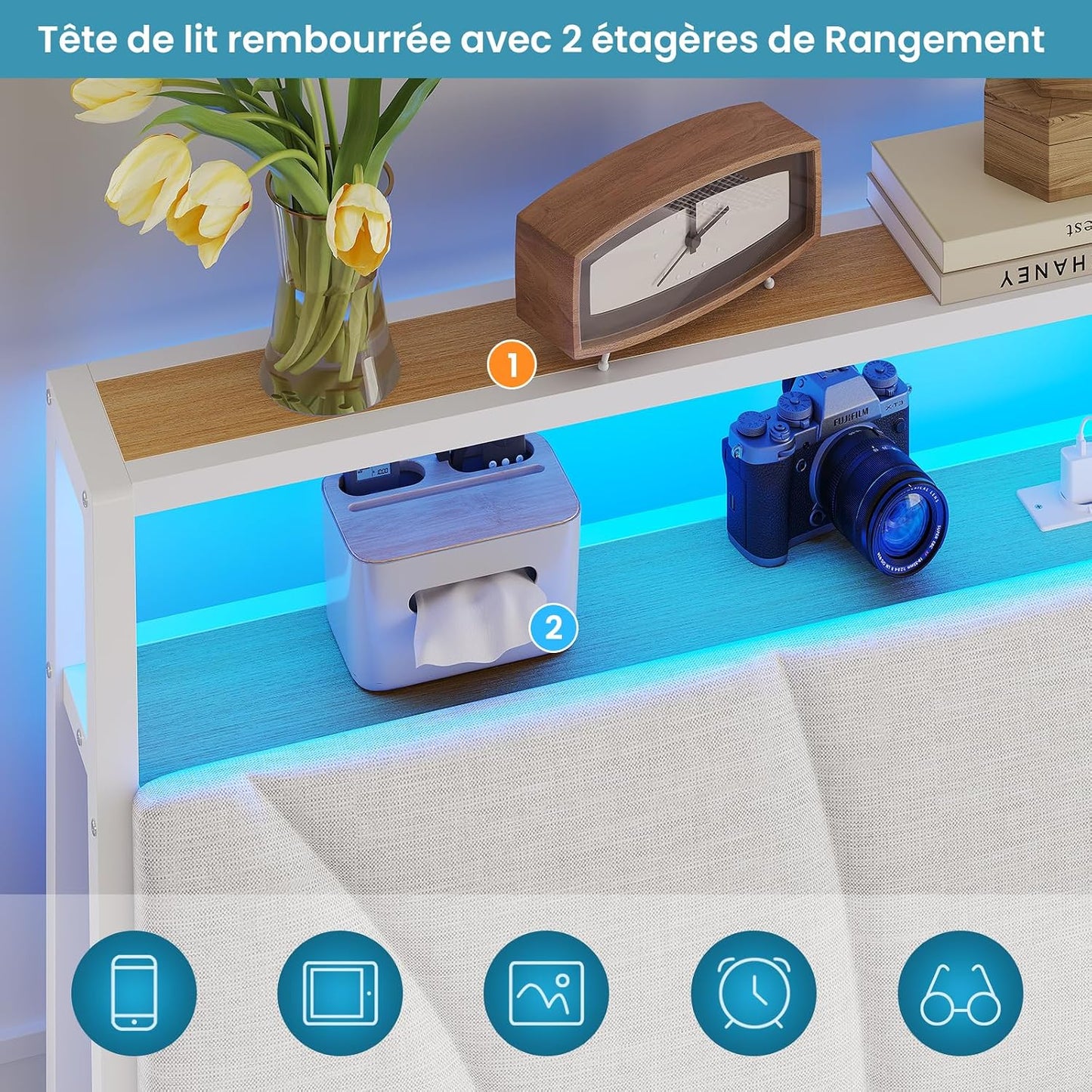 Lit 180X200 Avec Sommier Métal, Cadre De Lit 180X200 Cm Avec Lumières LED Et Multiprise (2 Prises AC, 2 Ports USB) Lit 2 Personnes Avec Tête De Lit Rembourrée Et Rangement, Moderne, Blanc