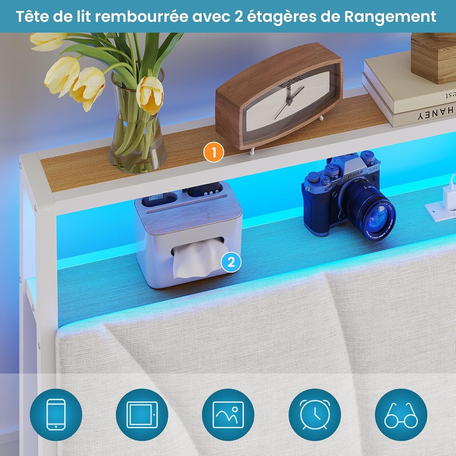Lit 180X200 Avec Sommier Métal, Cadre De Lit 180X200 Cm Avec Lumières LED Et Multiprise (2 Prises AC, 2 Ports USB) Lit 2 Personnes Avec Tête De Lit Rembourrée Et Rangement, Moderne, Blanc