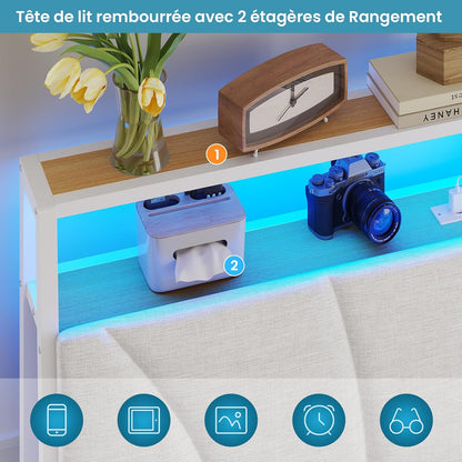 Lit 180X200 Avec Sommier Métal, Cadre De Lit 180X200 Cm Avec Lumières LED Et Multiprise (2 Prises AC, 2 Ports USB) Lit 2 Personnes Avec Tête De Lit Rembourrée Et Rangement, Moderne, Blanc