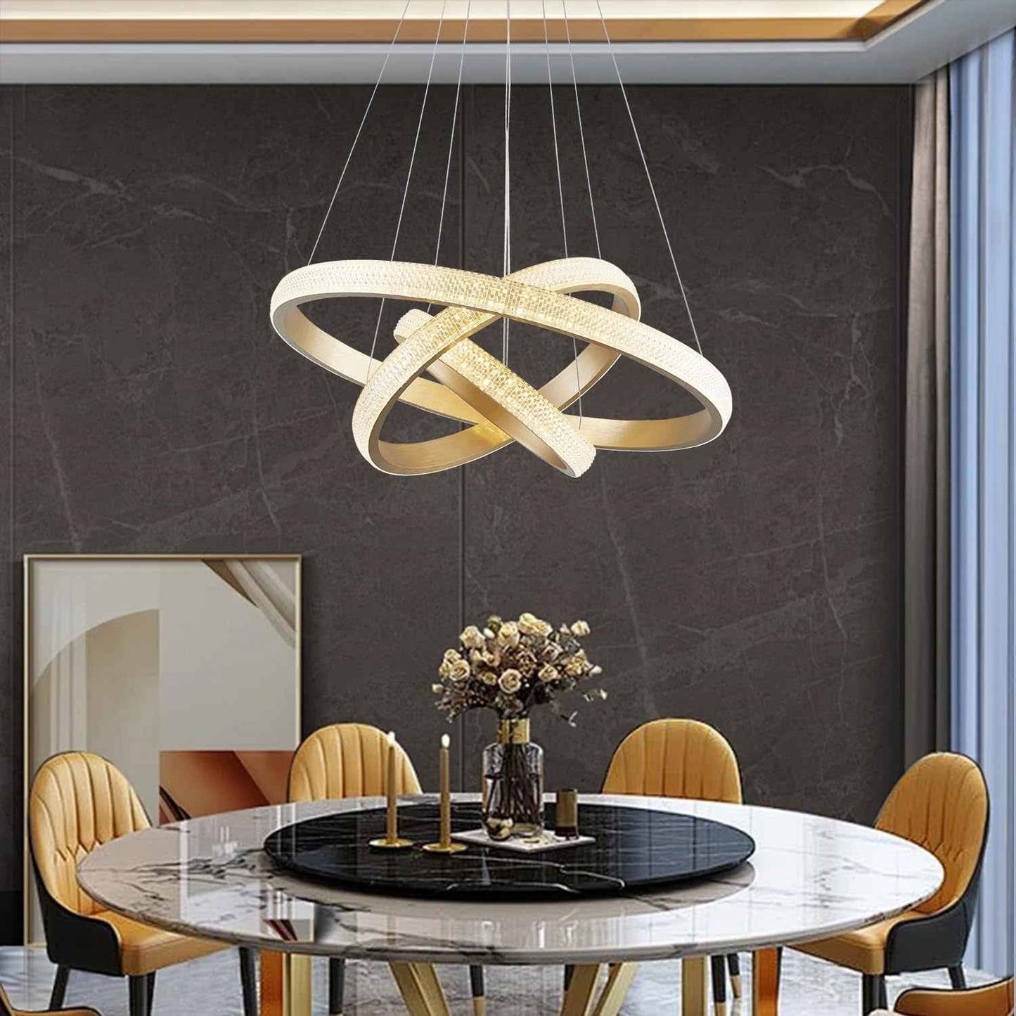 Lustre Moderne En Cristal Pour Salle À Manger, Appareil D'Éclairage Doré, 3 Anneaux, Lustre LED Pour Éclairage D'Îlot De Cuisine, Intensité Variable Avec Télécommande, Suspension De Plafond Moderne En