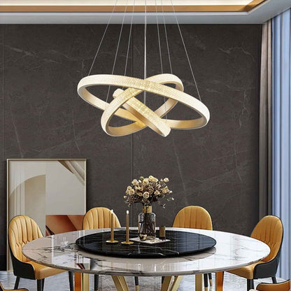 Lustre Moderne En Cristal Pour Salle À Manger, Appareil D'Éclairage Doré, 3 Anneaux, Lustre LED Pour Éclairage D'Îlot De Cuisine, Intensité Variable Avec Télécommande, Suspension De Plafond Moderne En
