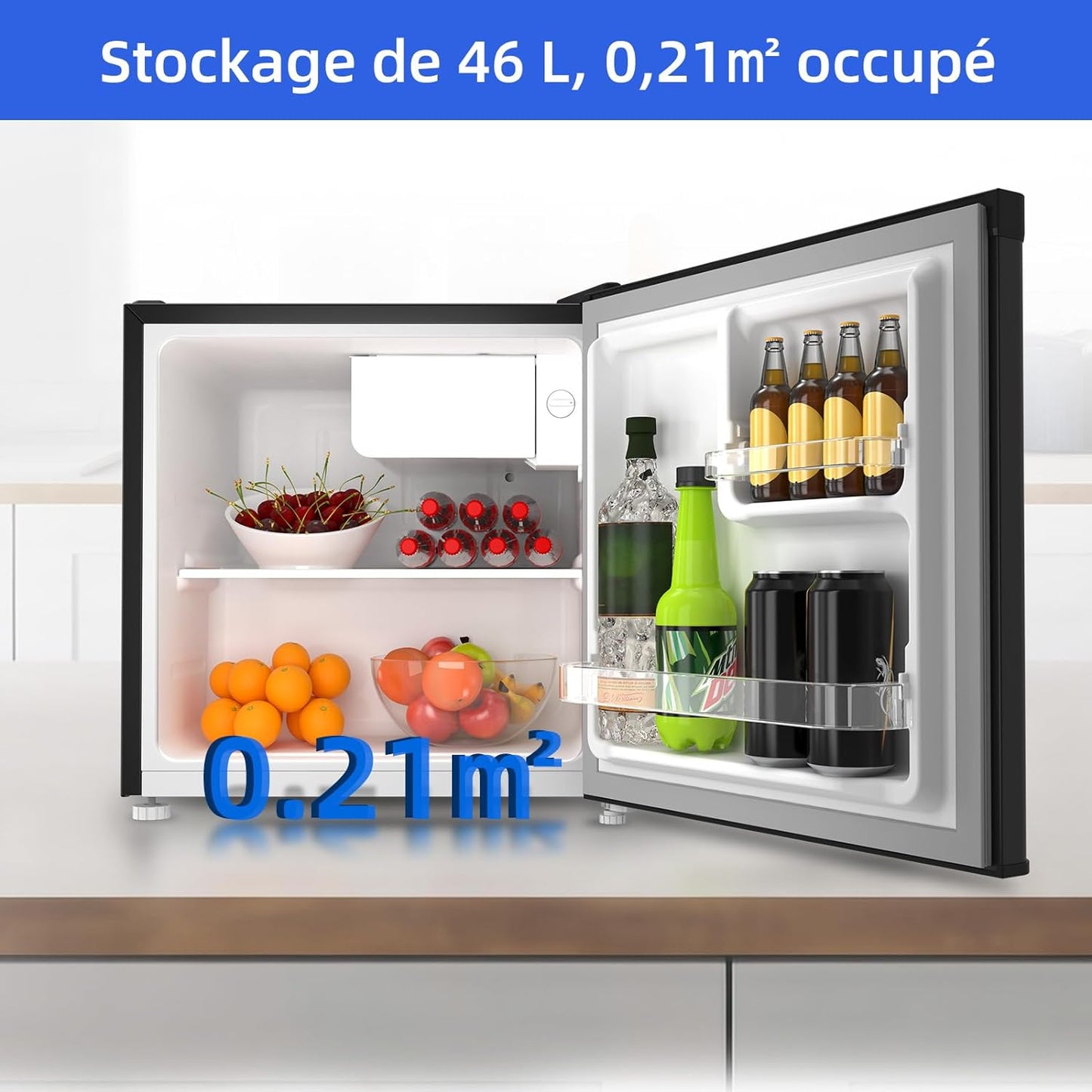 Mini Réfrigérateur 46L, 47X44,7 Cm, Réfrigérateur De Table Avec Porte-Bouteilles, Thermostat Réglable, Faible Bruit, Pour Chambre, Cuisine, Salon Foncé 2023